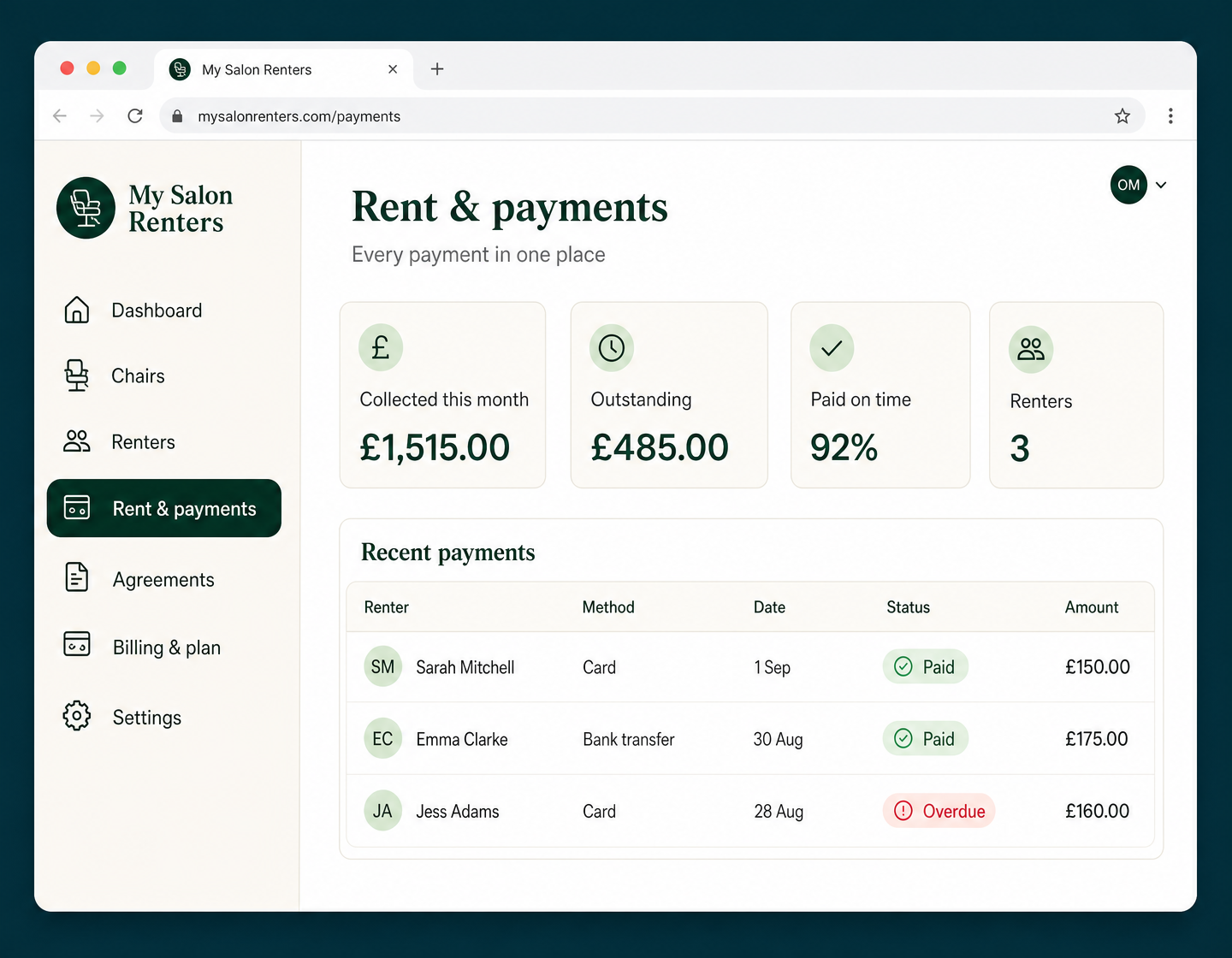 Salon owner rent and payments screen listing renters, payment methods, paid and overdue rent