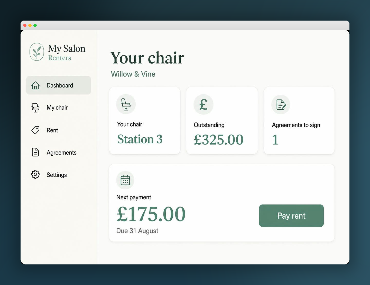 Chair renter dashboard showing assigned chair, outstanding balance and next payment