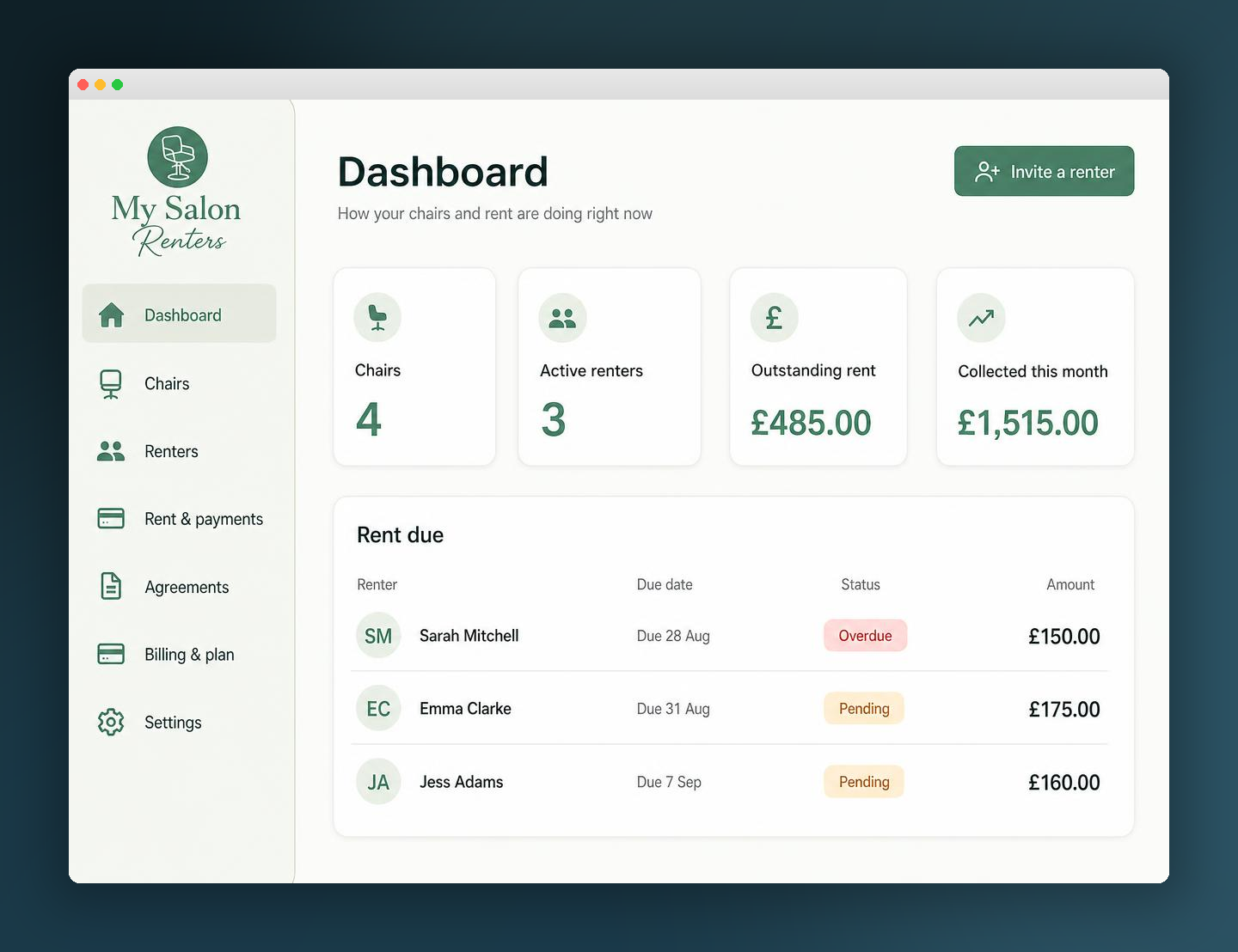 My Salon Renters dashboard showing chairs, renters and rent due